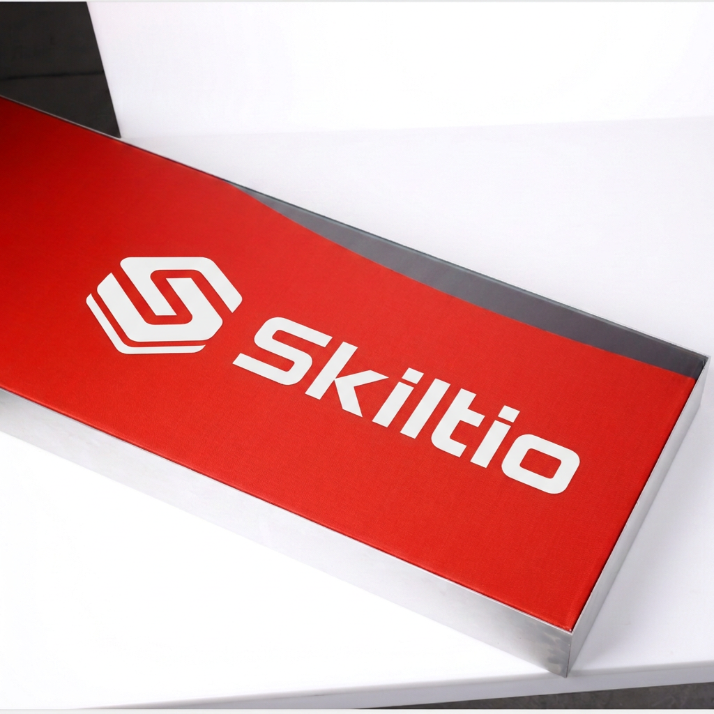 Skiltio fabric light box med rød front og hvidt logo