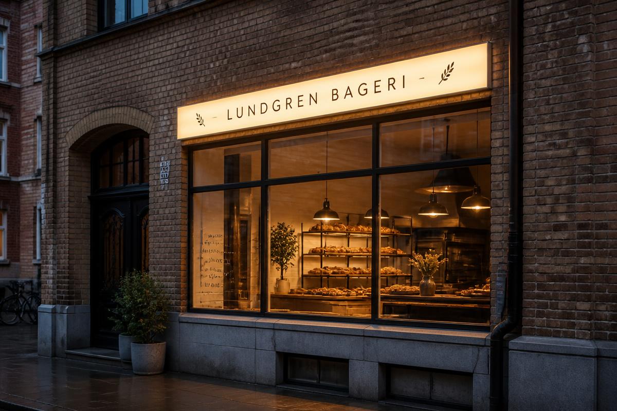 Bageri facade med slim stoflyskasse over vinduet i varmt lys