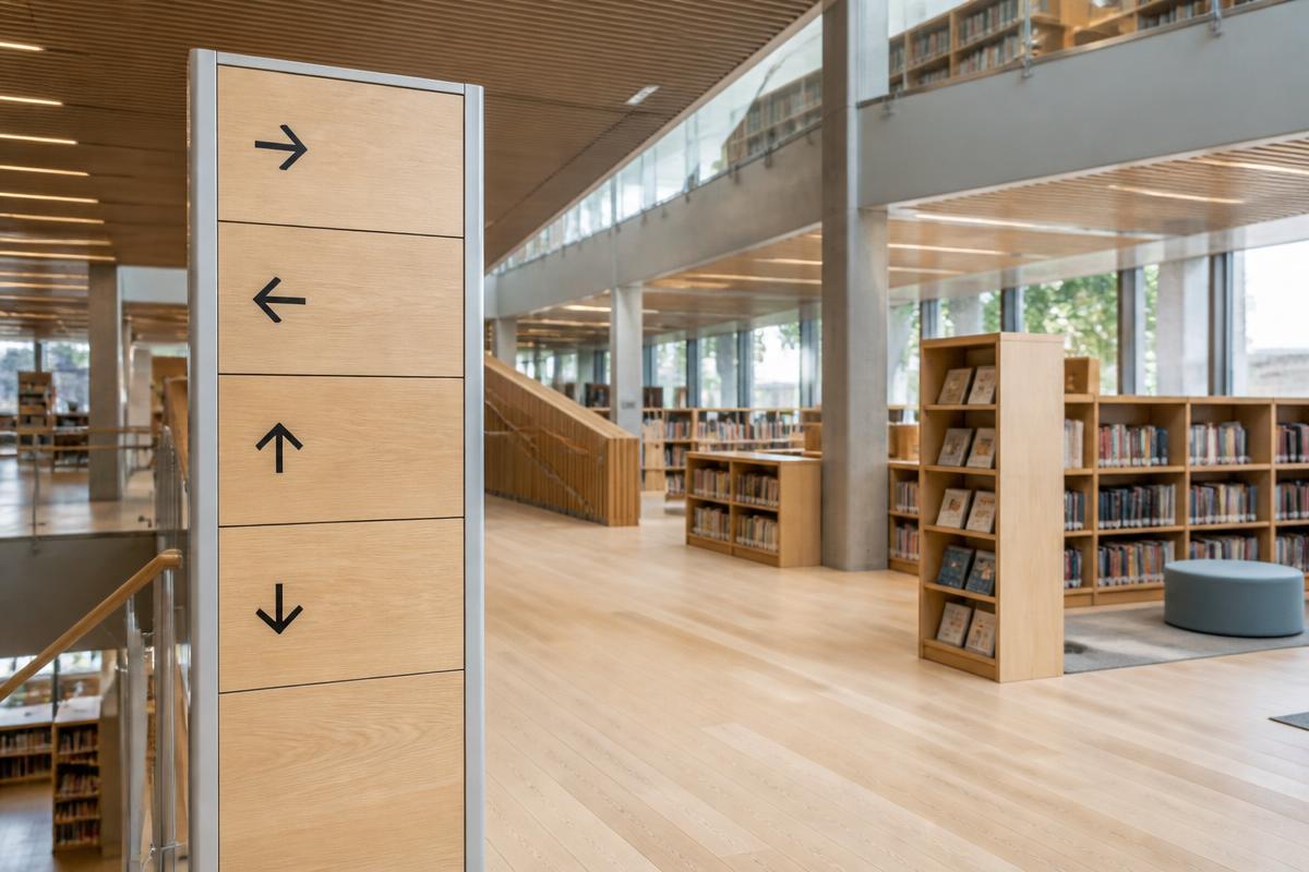 Wayfinding-stander i lys eg og aluminium med retningspile i et moderne bibliotek