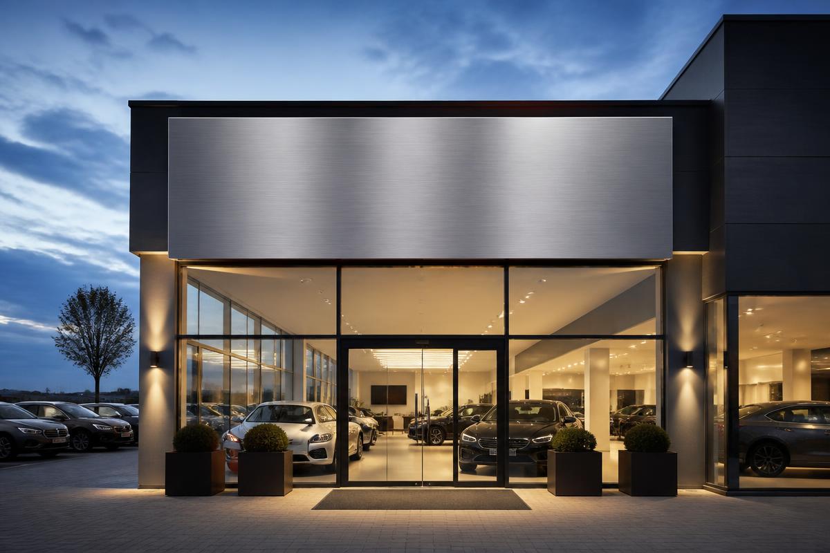 Bilforhandlers showroom-facade i skumringen med oplyst skiltefelt i børstet stål over glasindgangen