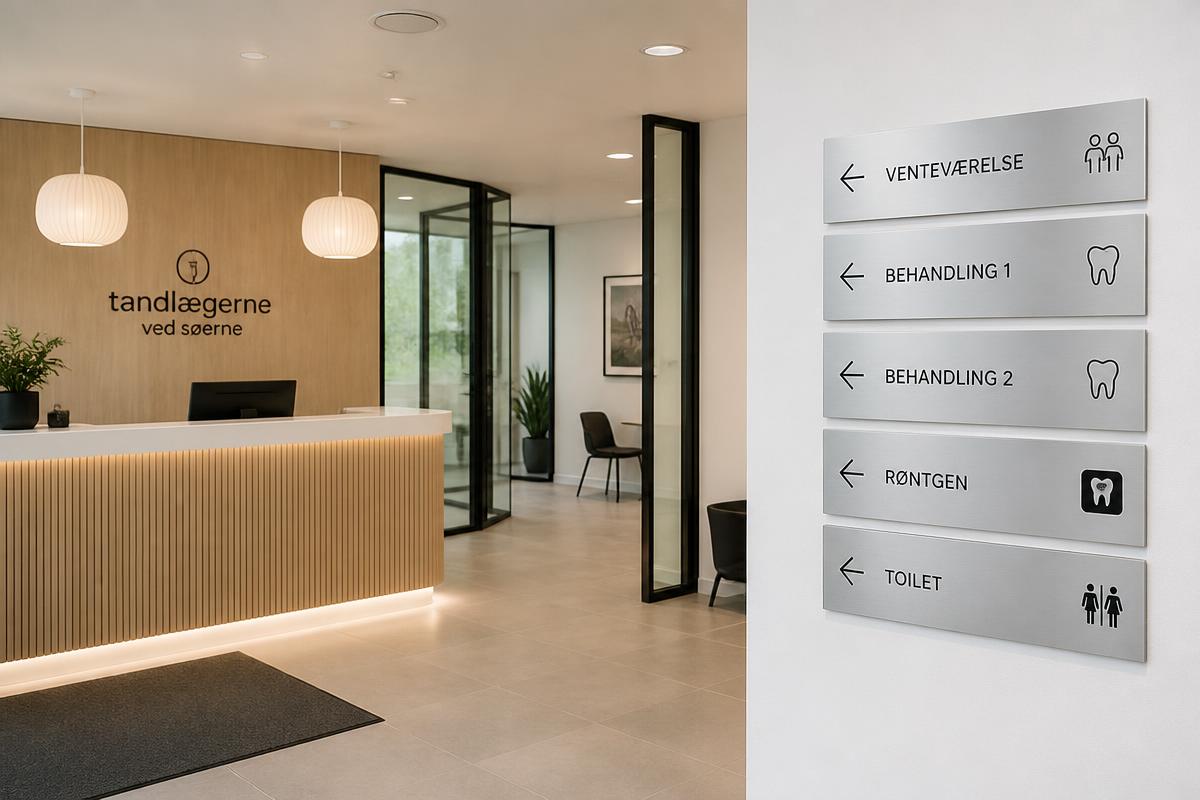 Tandklinik reception med wayfinding-skilte i børstet aluminium