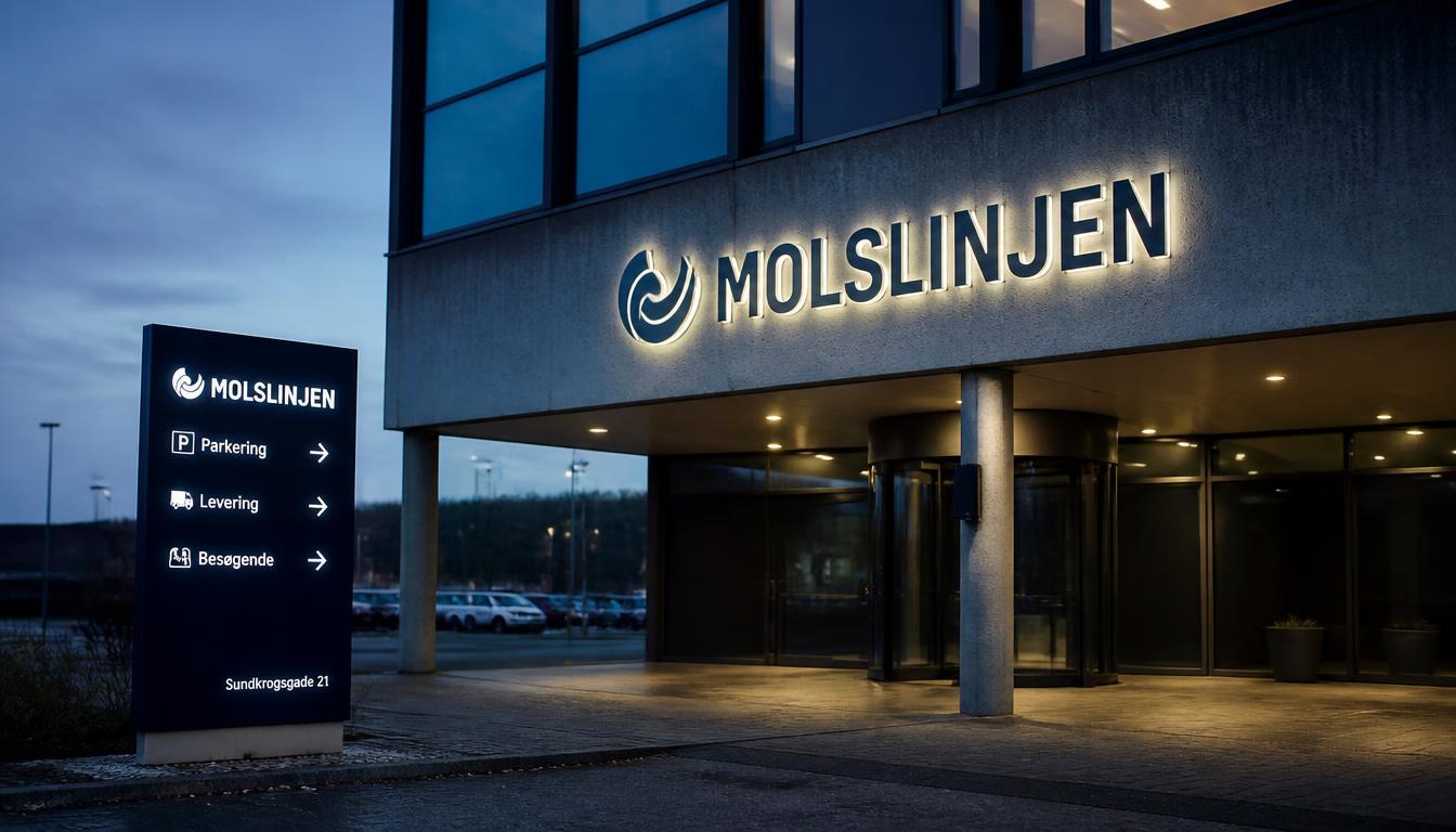 Kontorbygning i Aalborg med baglyste aluminiumsbogstaver og wayfinding-skilt