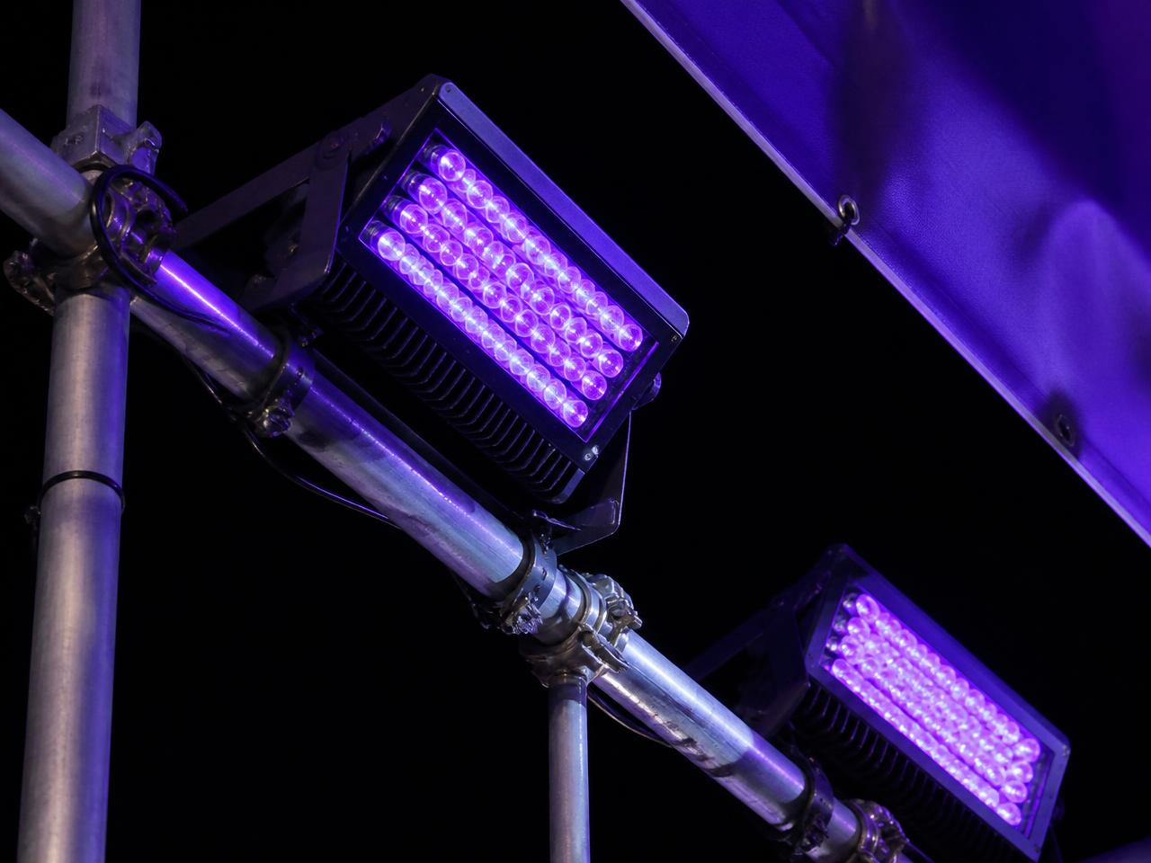 Professionelle UV-lamper monteret på stillads og rettet mod banneret